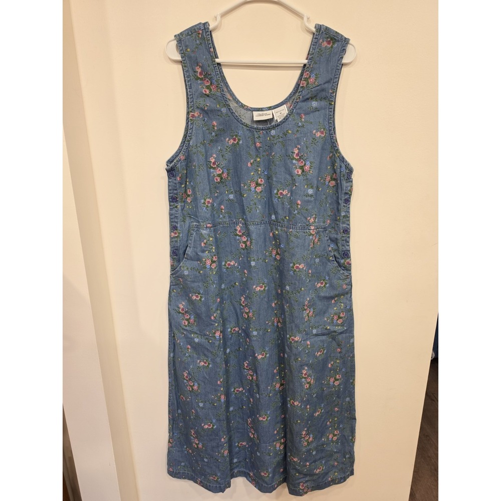 Vintage Vermont Country Store Floral Denim Jumper Dress Size Medium Cottagecore